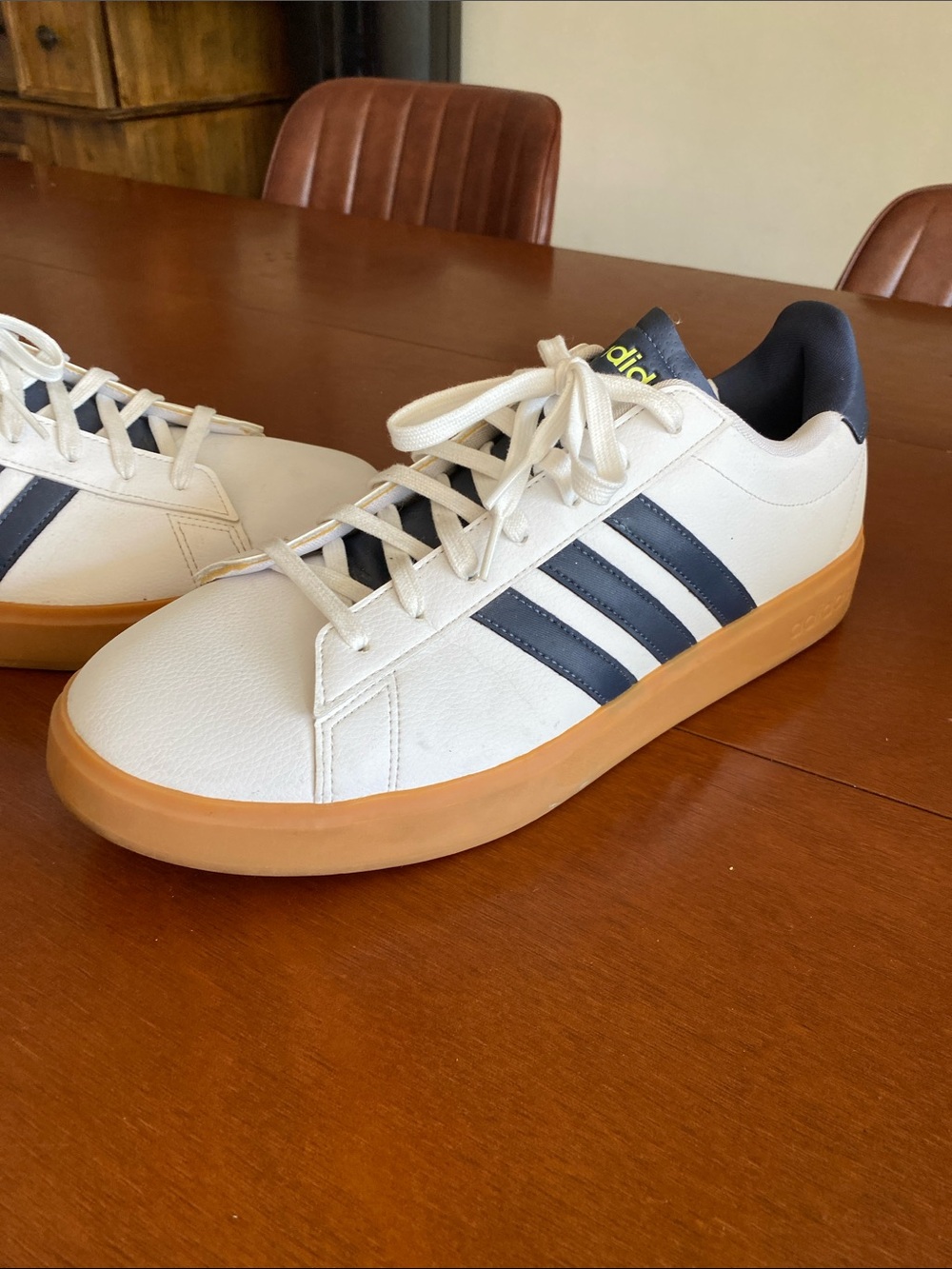 14 adidas White Sneakers with Navy Stripes and Gum Sole